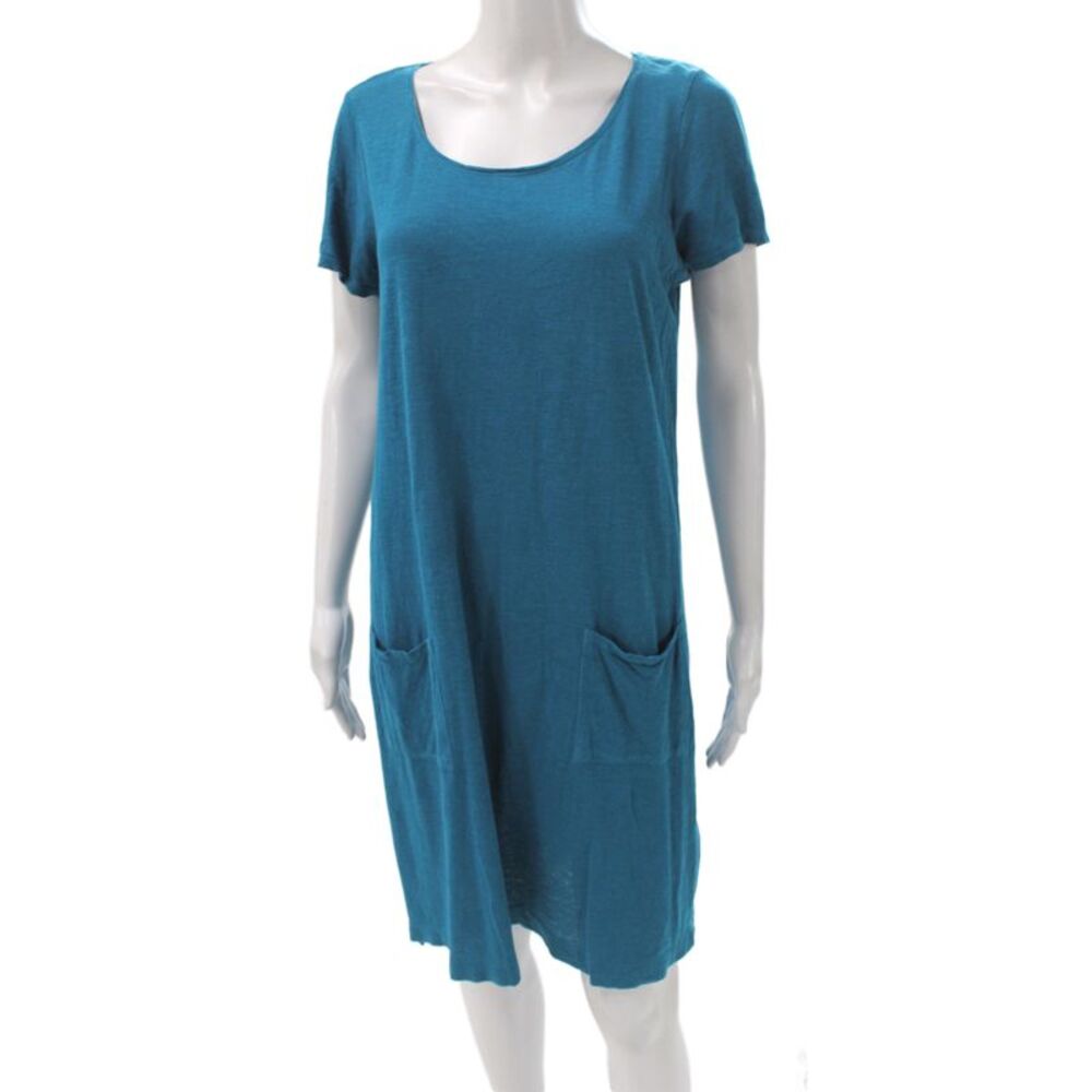Eileen Fisher Women T-Shirt Dress Blue Scoop Neck Short Sleeve Mid-Calf Size M